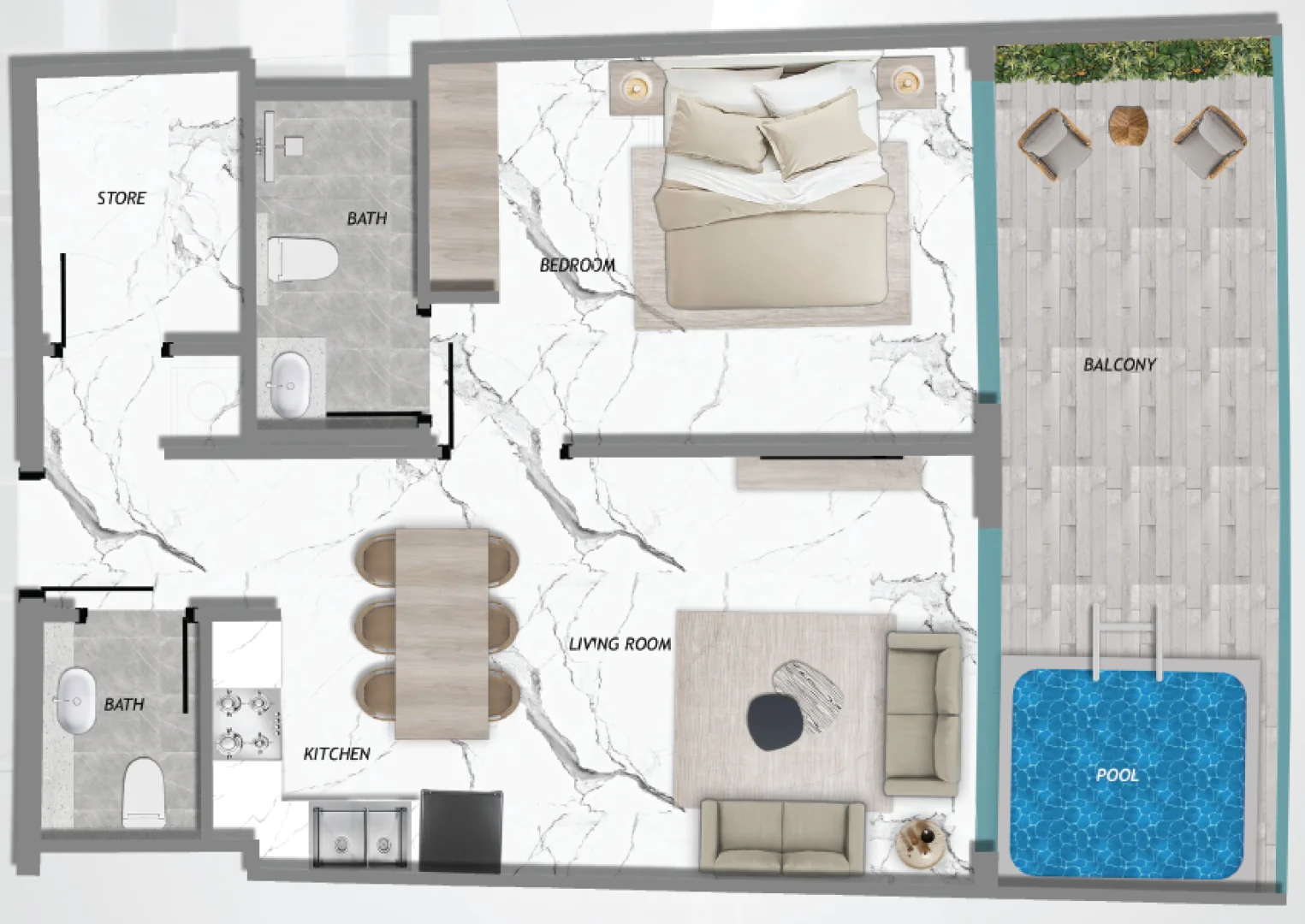 1BR with store room + pool