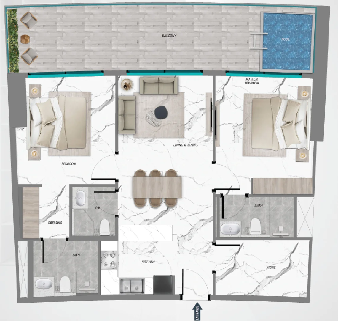 2BR with laundry + pool